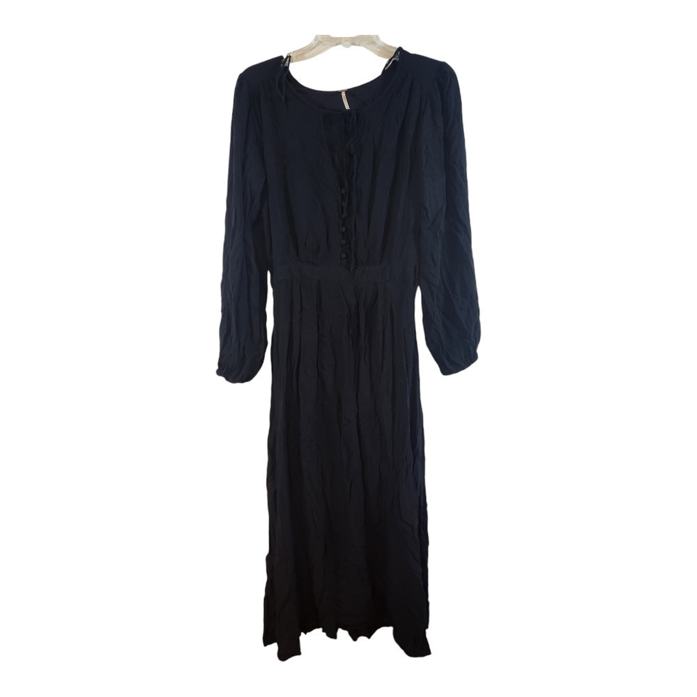 Free People Midi Dress Women Size 4 Black Boho Button Front Long Sleeve Tie Neck